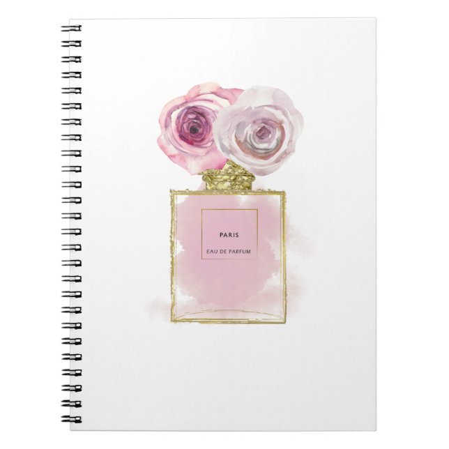 Cuaderno Botella de perfume de moda floral rosas rosadas gl (Frente)