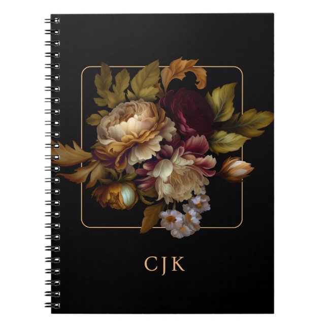 Cuaderno Bouquet floral oscuro del viejo mundo con monogram (Frente)