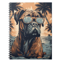 Boxer alemán con gafas de sol en una playa tropica
