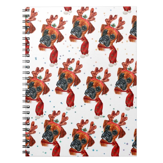 Cuaderno Boxer Raza Acuarela Perro Patrón Estrellas Navidad (Frente)