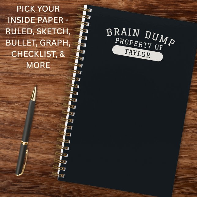 Cuaderno Brain Dump Personalized Name Modern Stylish Black (Clean collegiate style with a modern edge.)
