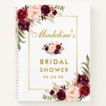 Cuaderno Bridal Shower Burgundy Floral Gold Regalo List<br><div class="desc">Color de agua Borgoña Marsala Floral Dorada Ducha Ducha Gift List - Marco dorado</div>