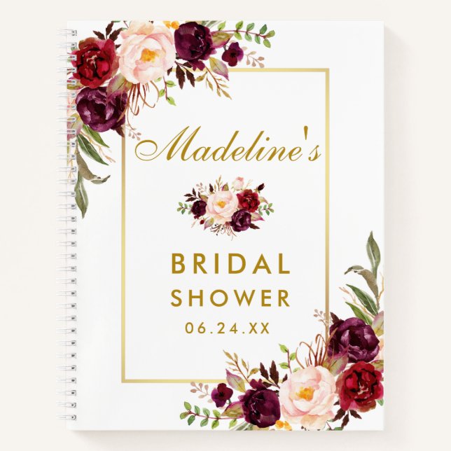 Cuaderno Bridal Shower Burgundy Floral Gold Regalo List (Anverso)