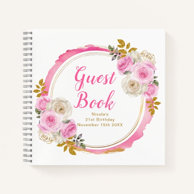Cuaderno Bright Pink Gold Elegant Flowers Birthday Party (Anverso)