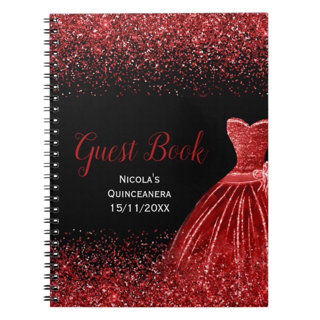 Cuaderno Bright Red Dress Faux Glitter Quinceanera Guest (Frente)