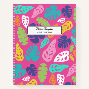 Cuaderno Brillante Colorido Patrón de hojas tropicales de v