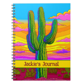 Cuaderno Brillante Neon Saguaro Cactus Escena del Desierto