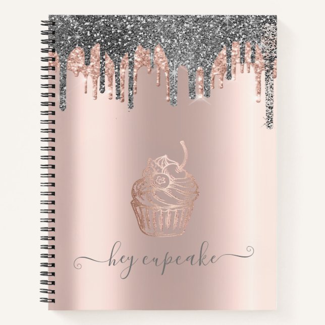 Cuaderno Brillante Rosa Dorado Cupcake con Drips de Plata F (Anverso)