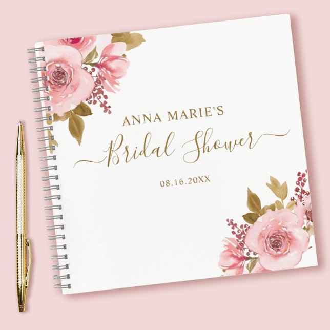 Cuaderno Brillante Shower Pink Rose Gold Guest Book (A pretty pink watercolor floral Bridal shower guestbook. Personalize it with the brides name & date)