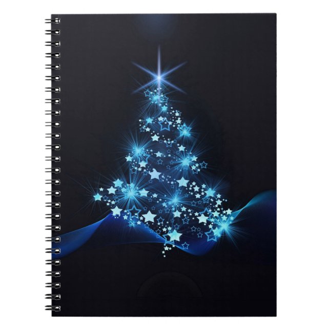 Cuaderno Brillo azul de estrellas en árbol de Navidad oscur (Frente)