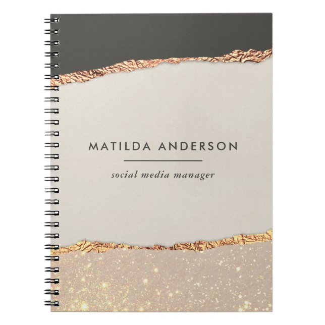 Cuaderno Brillo de Oro Crema Negra Personalizada Falso Hoja (Frente)