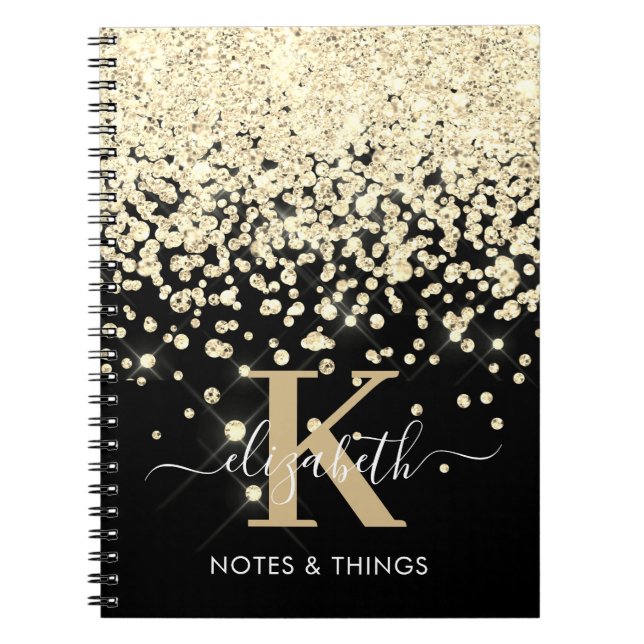 Cuaderno Brillo de Oro Negro Chic con Monograma de Diamante (Frente)
