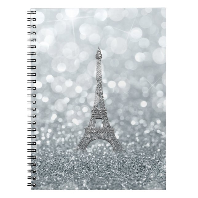 Cuaderno Brillo de Plata Purpurina Paris Torre Eiffel Glam (Frente)