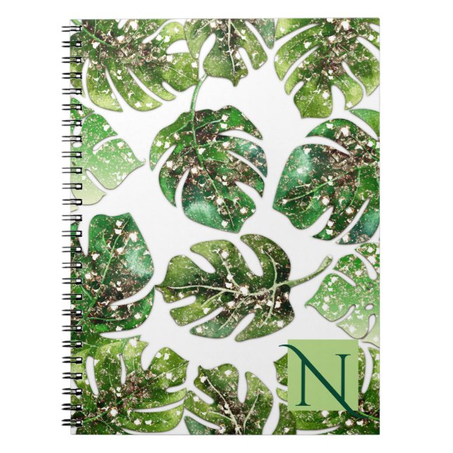 Cuaderno Brillo Dorado Destello Glam Hojas Tropicales Chic (Frente)