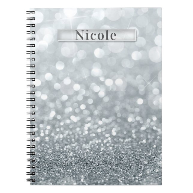 Cuaderno Brillo Plateado Blanco Bokeh Glam Tendencia Destel (Frente)