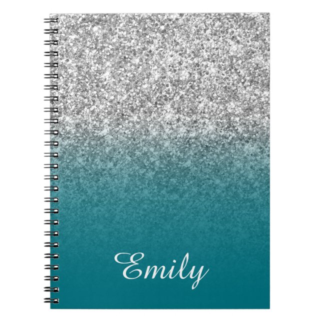 Cuaderno Brillo Plateado y Ombre Azul Personalizado (Frente)