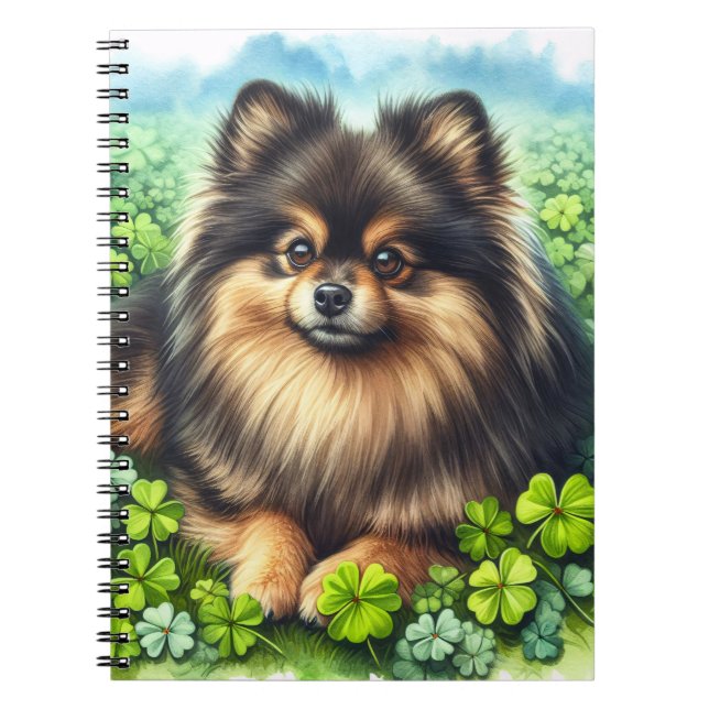 Cuaderno Brindle Pomeranian Watercolor Clover Shamrock (Frente)