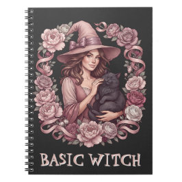 Cuaderno Bruja Básica Rosada Floral Bruja & Gato Negro Coqu