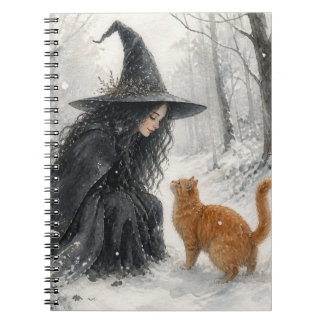 Cuaderno Bruja de fantasía y gato pelirrojo en bosque inver