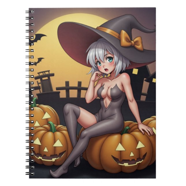 Cuaderno Bruja de Halloween con ojos verdes sobre Jack-O-La (Frente)