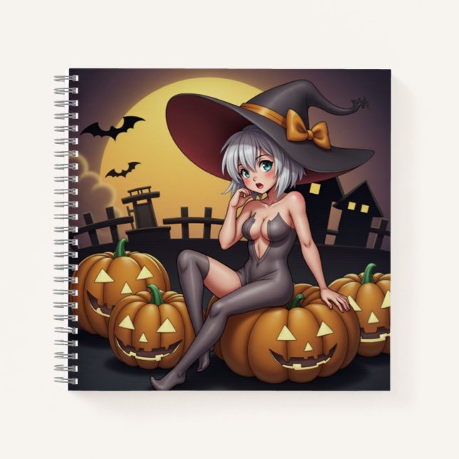 Cuaderno Bruja de Halloween con ojos verdes sobre Jack-O-La (Anverso)