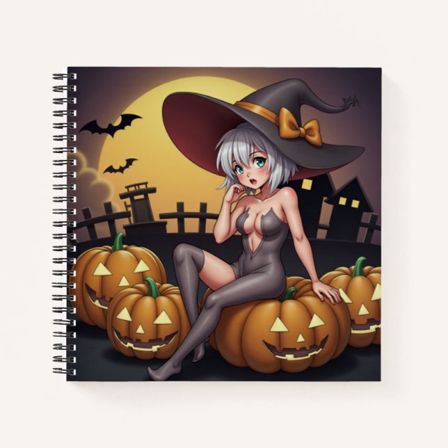 Cuaderno Bruja de Halloween con ojos verdes sobre Jack-O-La (Anverso)