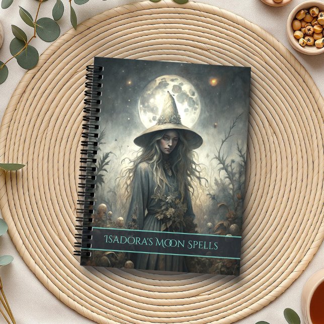 Cuaderno Bruja de la Luna Negra - Personalizado Grimoire Jo (Dark Moon Witch – Custom Grimoire Journal on a boho table with botanicals and a cup of tea.)