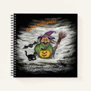 Cuaderno Bruja, gato, murciélago y calabaza, ¡Feliz Hallowe