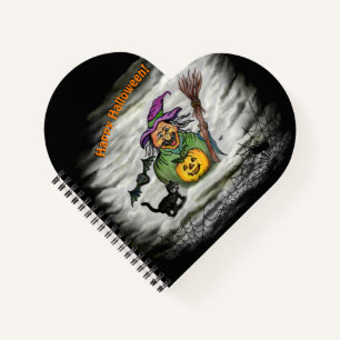 Cuaderno Bruja, gato, murciélago y calabaza, ¡Feliz Hallowe