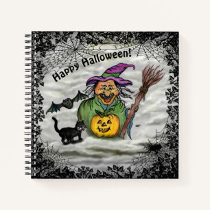 Cuaderno Bruja, gato, murciélago y calabaza, ¡Feliz Hallowe