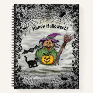 Cuaderno Bruja, gato, murciélago y calabaza, ¡Feliz Hallowe