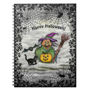 Cuaderno Bruja, gato, murciélago y calabaza, ¡Feliz Hallowe