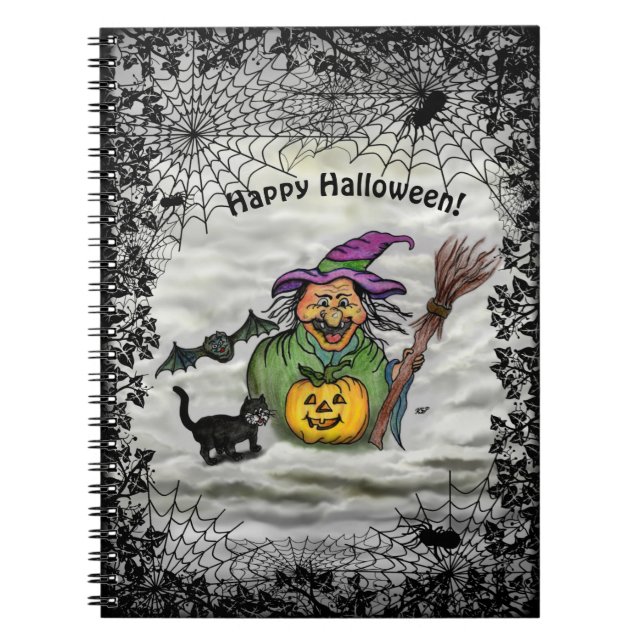 Cuaderno Bruja, gato, murciélago y calabaza, ¡Feliz Hallowe (Frente)