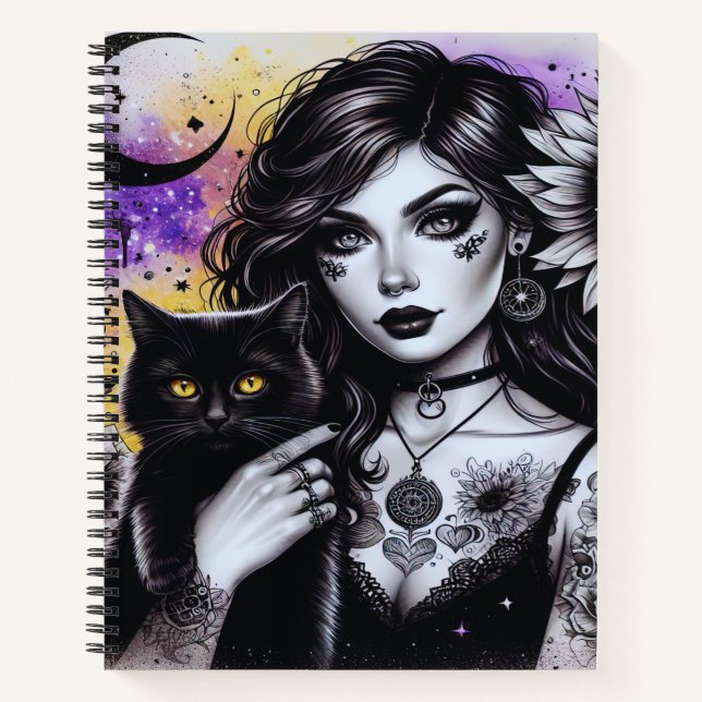 Cuaderno Bruja gótica celestial y gato negro (Anverso)
