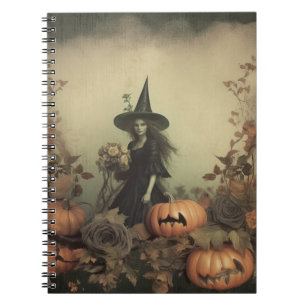 Cuaderno Bruja gótica sepia con calabazas y rosas de otoño