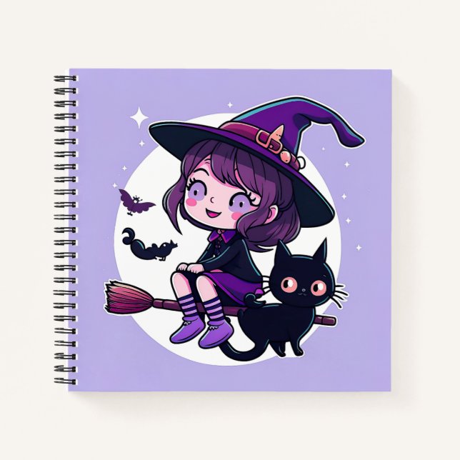 Cuaderno Bruja linda con un gato negro de cuarto | (Anverso)