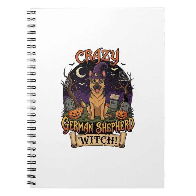 Cuaderno Bruja Loca Pastor Alemán Halloween Perro Calabazas (Frente)