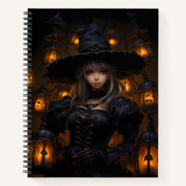 Cuaderno Bruja Rodeada De Linternas De Espíritu De Calabaza