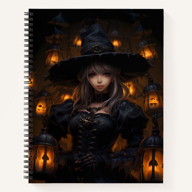 Cuaderno Bruja Rodeada De Linternas De Espíritu De Calabaza (Anverso)