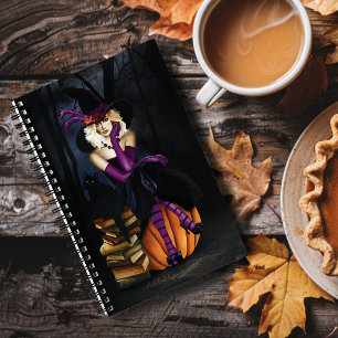 Cuaderno Bruja Rubia Juguetona Calabaza Fantasía Púrpura