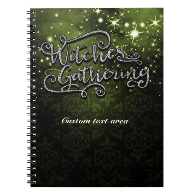 Cuaderno Brujas Reuniéndose Verde y Negro Damask Halloween (Frente)