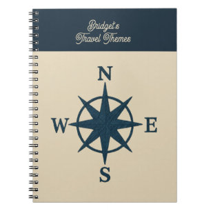 Cuaderno brújula azul marino y nombre beige Viaje costero