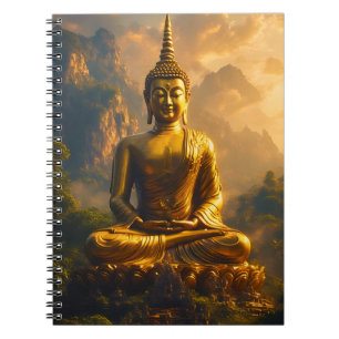 Cuaderno Buda sentado dorado bajo un cielo de puesta de sol