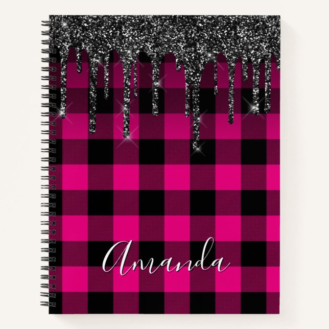 Cuaderno Búfalo de cuadros rosa caliente con gotas de brill (Anverso)