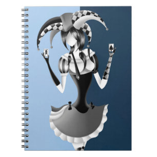 Cuaderno Bufón extravagante sosteniendo dos cartas de juego