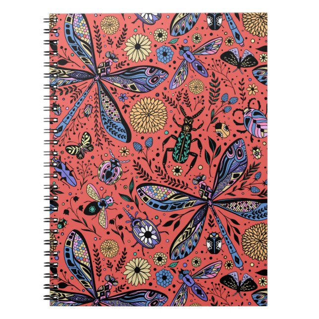 Cuaderno Bugs de garabatos en rojo coral (Frente)