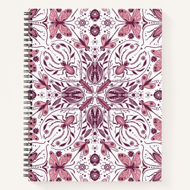 Cuaderno Bugs, magenta oscuro y rosa sobre blanco (Anverso)