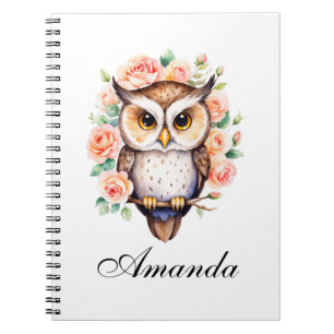 Cuaderno Búho adorable de acuarela y rosas frondosas