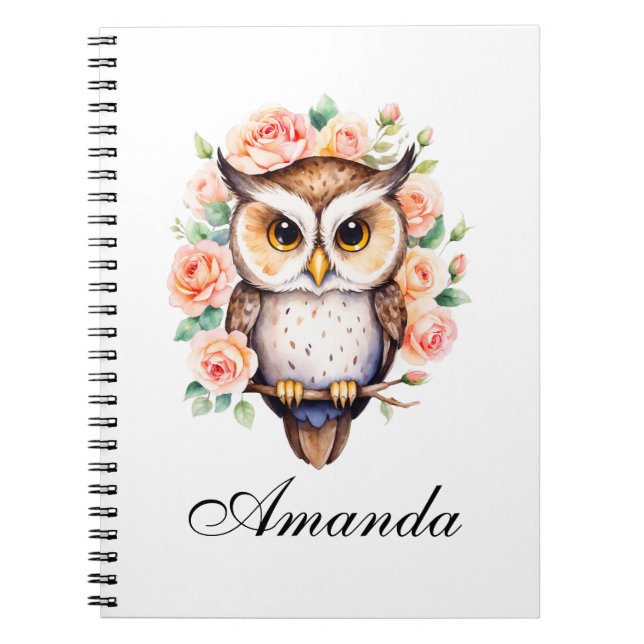 Cuaderno Búho adorable de acuarela y rosas frondosas (Frente)