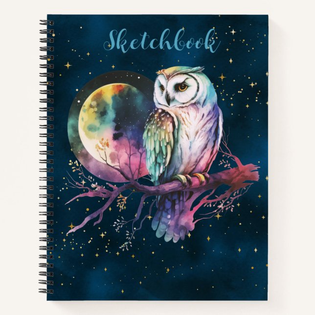 Cuaderno Búho Arcoíris Místico y Boceto Celestial de Luna L (Anverso)